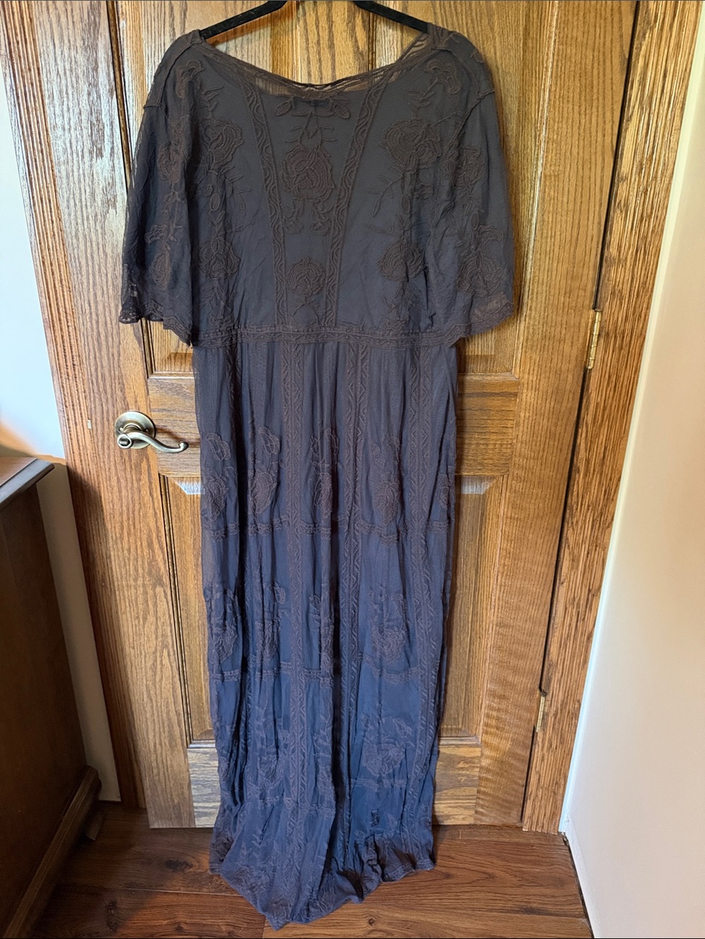 Boho Lace Ruched with Liner Tiered Ruffle Maxi Dress Grey-Size Large - Picture 2 of 3